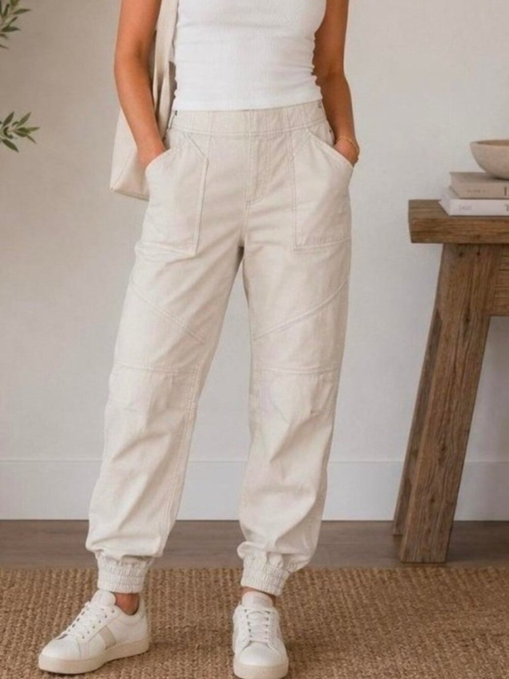 Spanx Stretch Twill Cargo Jogger Parchment Off White Size M